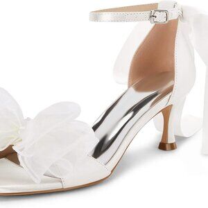 Women's Satin Kitten Heels Sandals Open Toe Ankle Strap Bow Dress Shoes
